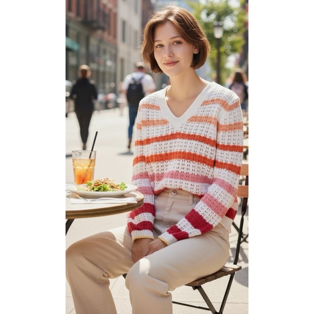 Talbots NEW! womens open knit striped vibrant long sleeve v-neck sweater Medium